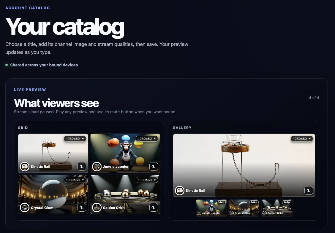 Stream Gazer catalog editor preview showing four titles in Grid and Gallery layouts